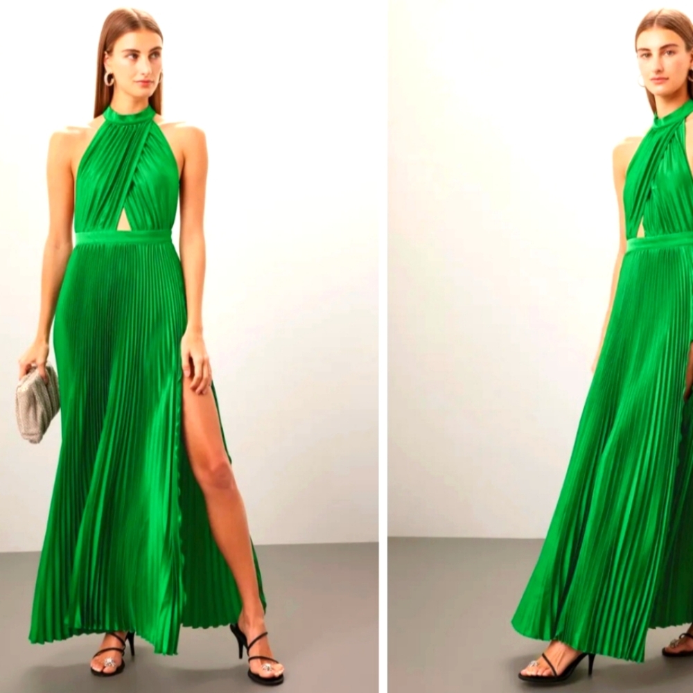L'IDÉE Renaissance Midi Dress In Bright Green Pleated Charmeuse Satin 12